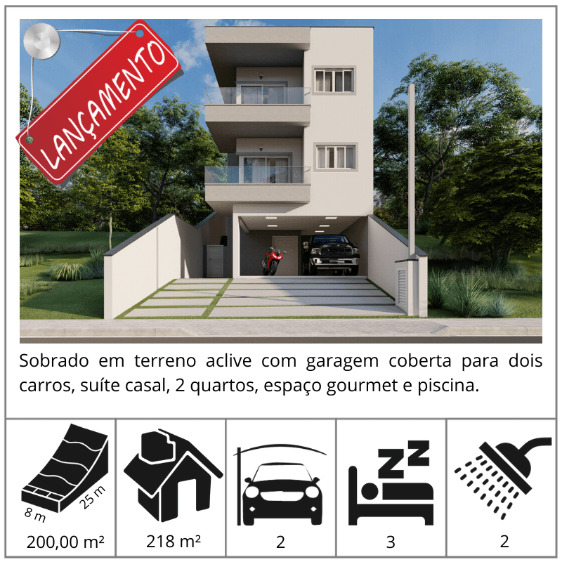 O que mais chama a atenção para este sobrado é a suite do casal avarandada na fachada. O projeto foi desenvolvido para um terreno em Aclive onde colocamos uma garagem coberta para dois carros com acesso interno para o piso superior da casa. ?? ?

A casa segue a ideia de conceito aberto, mantendo integrado a Sala de Jantar e cozinha ambos com acesso fácil para o espaço gourmet e piscina.

No piso superior temos uma confortável Suíte Master com closet mais dois Quartos de solteiro.