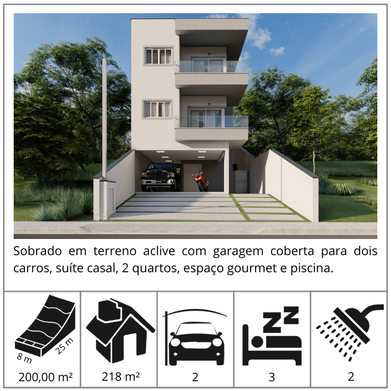 O que mais chama a atenção para este sobrado é a suite do casal avarandada na fachada. O projeto foi desenvolvido para um terreno em Aclive onde colocamos uma garagem coberta para dois carros com acesso interno para o piso superior da casa. ?? ?

A casa segue a ideia de conceito aberto, mantendo integrado a Sala de Jantar e cozinha ambos com acesso fácil para o espaço gourmet e piscina.

No piso superior temos uma confortável Suíte Master com closet mais dois Quartos de solteiro.