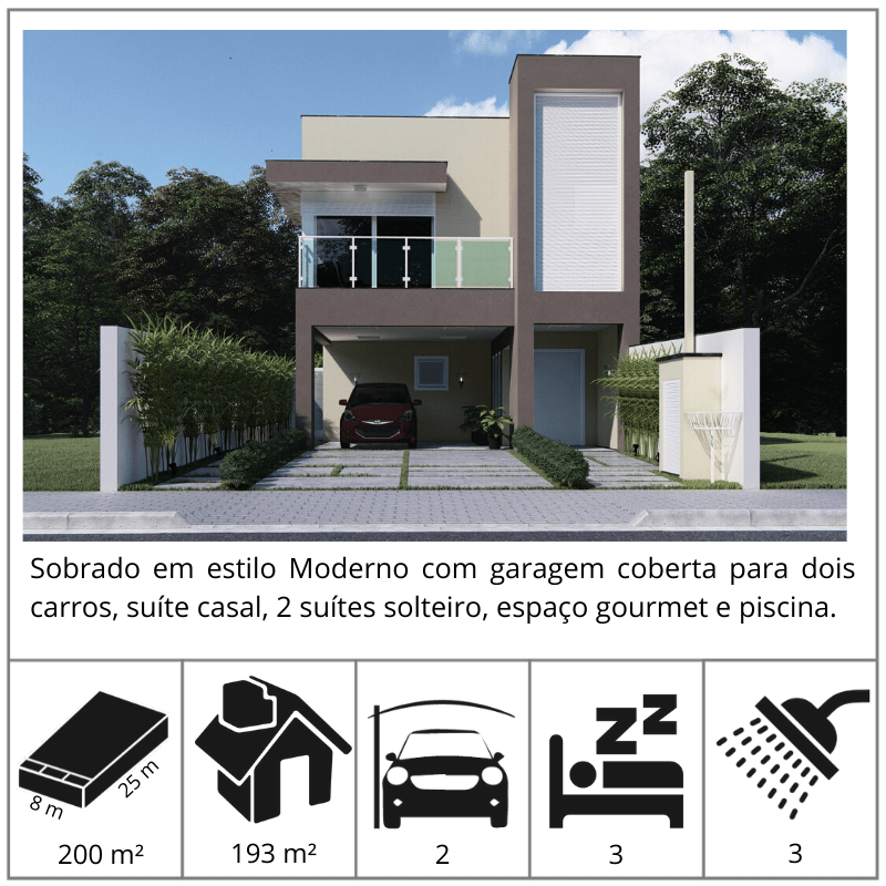 Esse é um dos nossas melhores projetos prontos de sobrado para terrenos com 8 metros de frente. ??

No pavimento térreo inserimos a sala de tv, sala de jantar, cozinha e a área de lazer com churrasqueia e piscina. 

Já no pavimento superior privilegiamos a suíte com closet para o casal e também inserimos 2 quartos d solteiro. ???