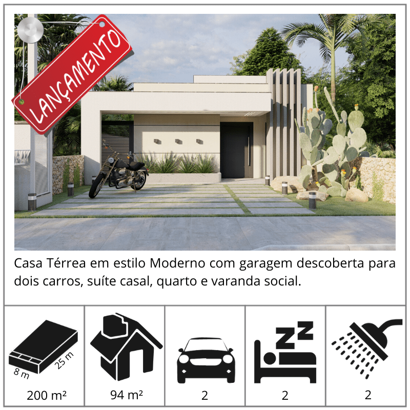 Casa em estilo Moderno com garagem para dois carros, sala de TV, Sala de Jantar integradas em conceito aberto e uma agradável Varanda. 

O projeto se completa com dois quartos sendo uma suíte casal e um quarto de solteiro. Já a lavanderia tem acesso interno pela cozinha e corredor lateral.

Podendo ser construído em terrenos a partir de 200 m² - Lote ideal 8 x 25 m - Plano
